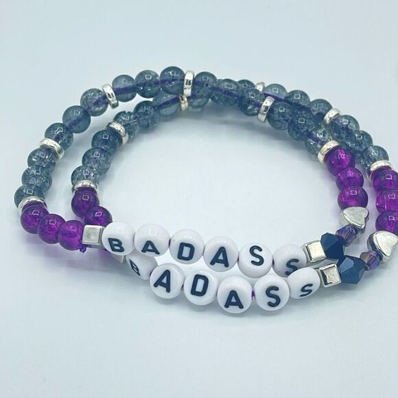 Badass spell out beaded stretch bracelet ONE NEW Stackable pearl beads silver to - Picture 5 of 7